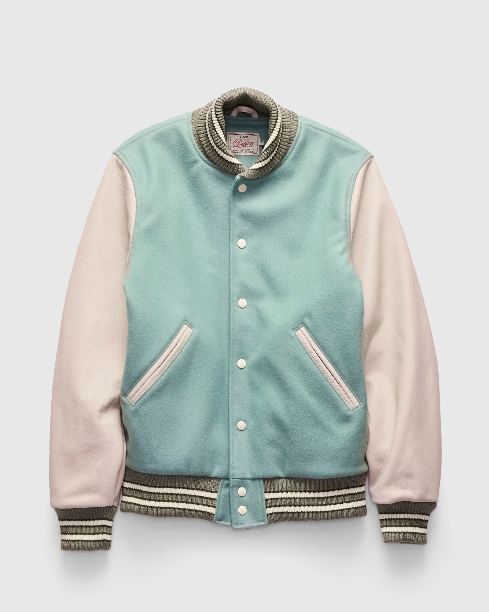 2-Stripe Varsity Jacket in Reef Ecowise Wool Milk Leather