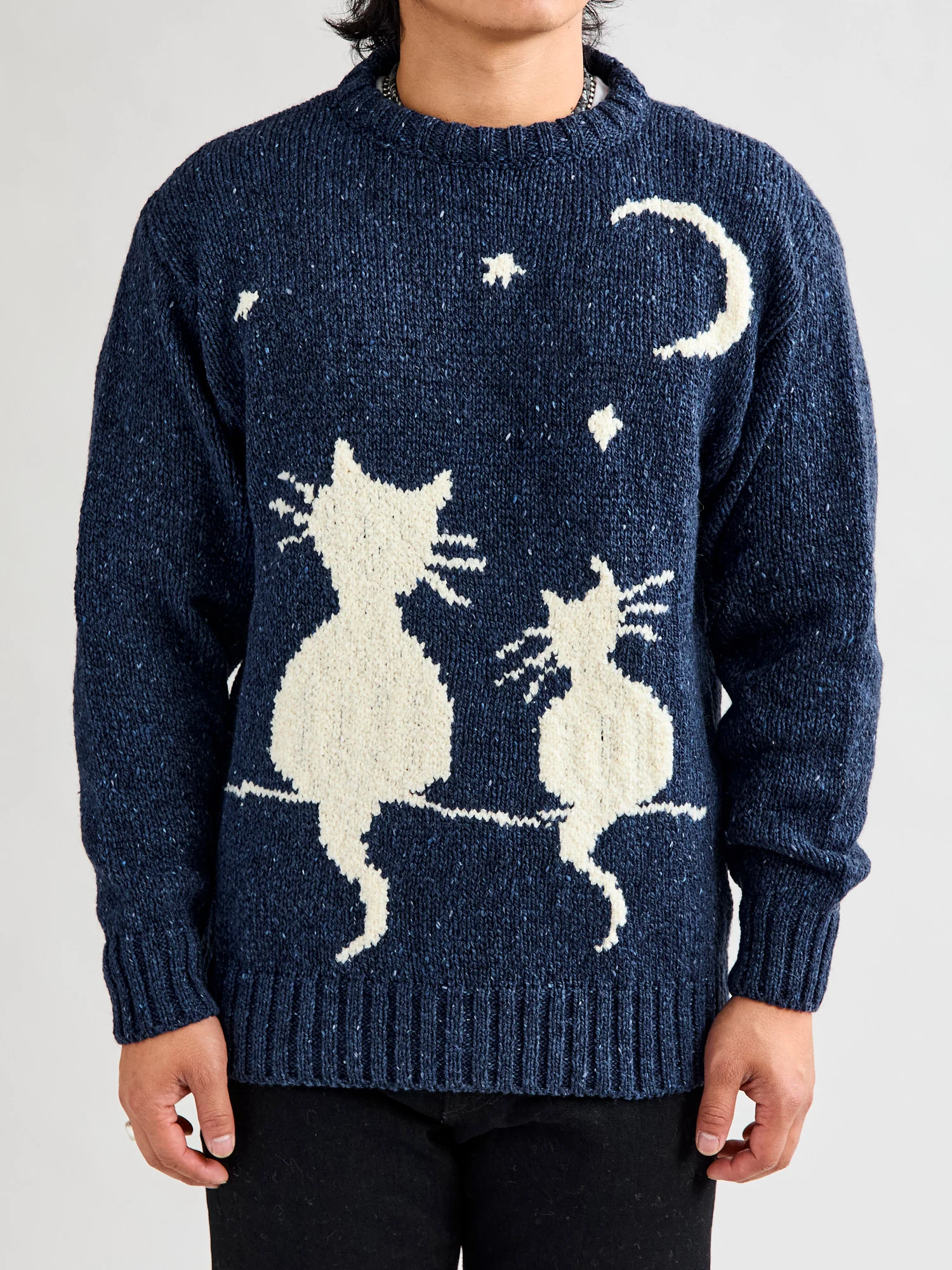 "Cats in Space" Wool Sweater in Blue - Image 2