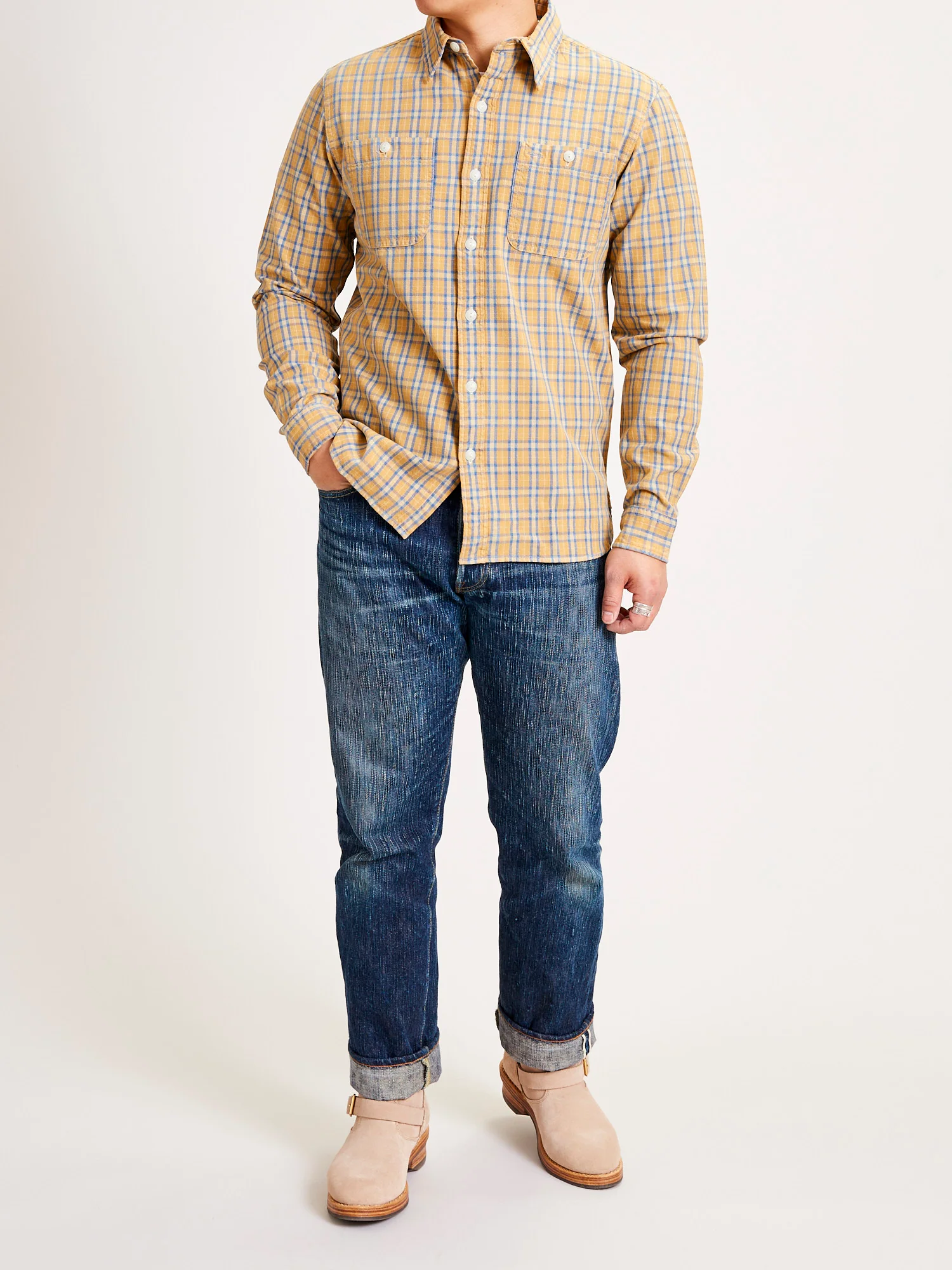 Cody Work Shirt in Tan/Indigo - Image 10
