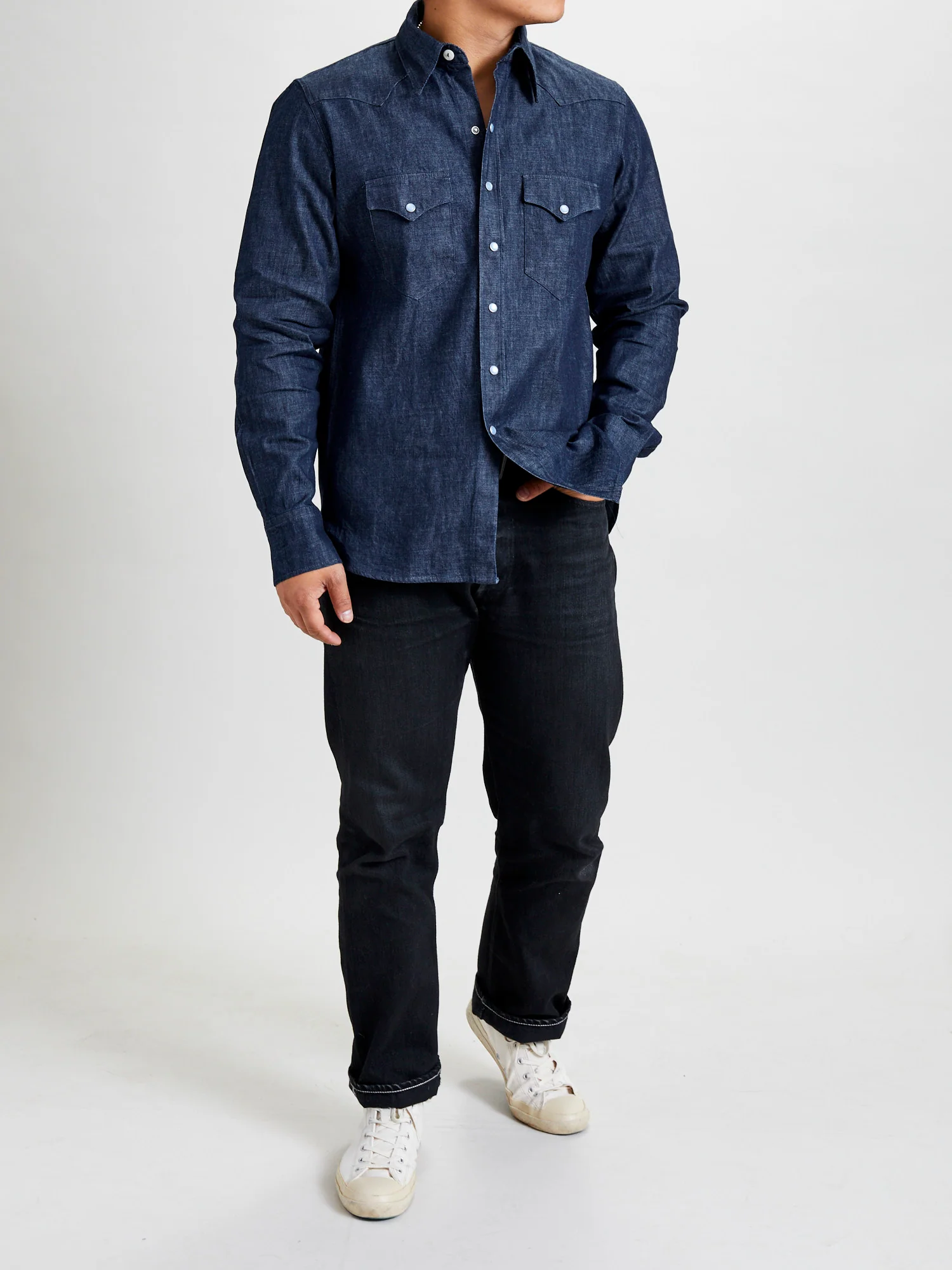 Denim Pearl Snap Shirt in Rinsed Indigo - Image 10