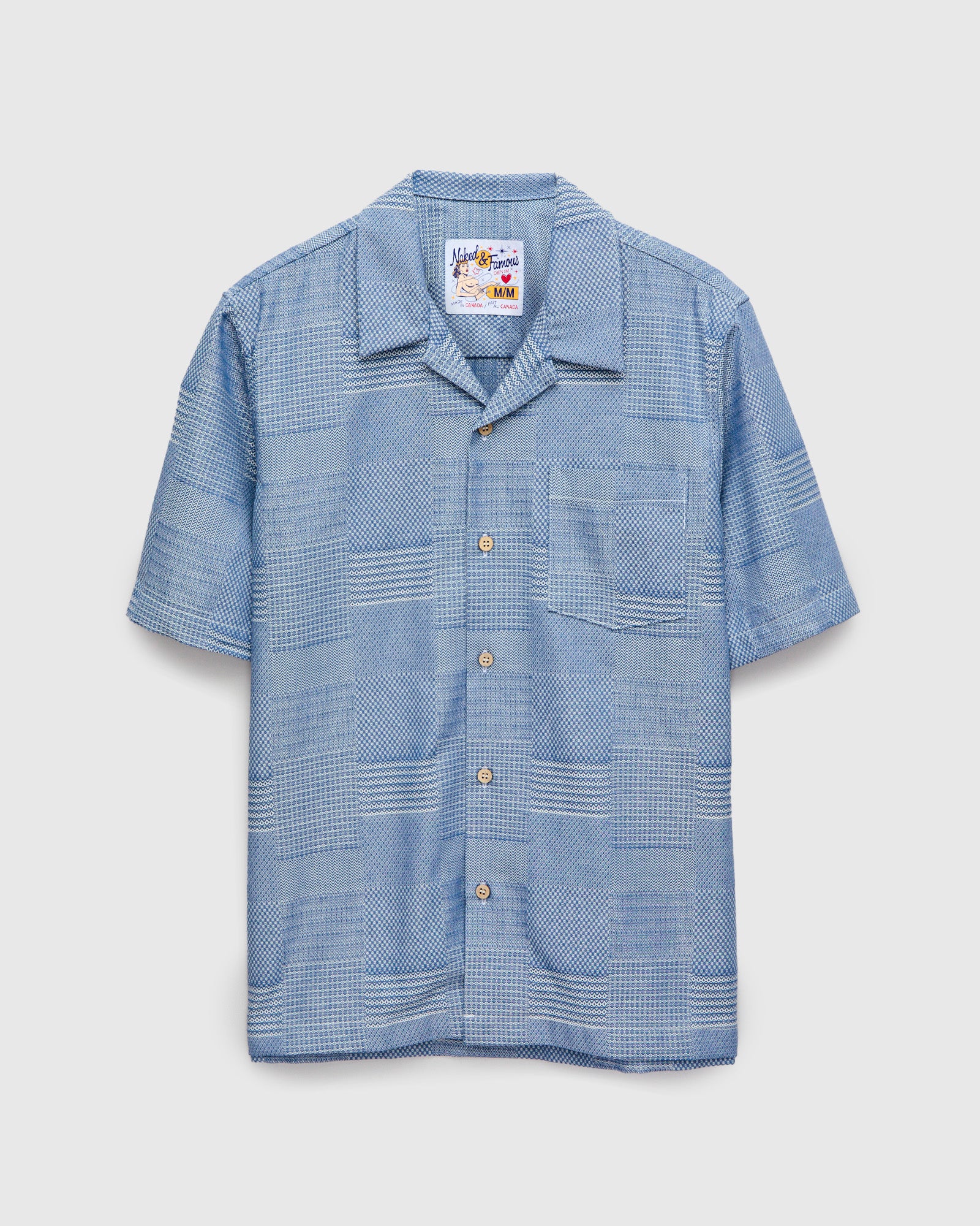 "Dobby Patchwork" Aloha Shirt in Pale Indigo
