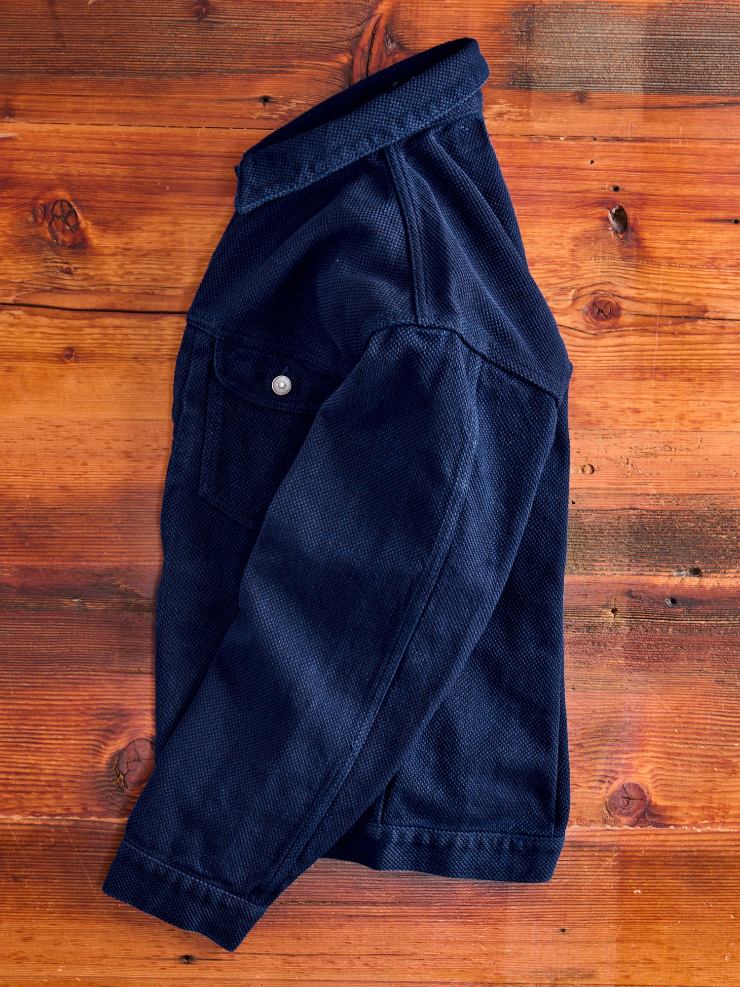 Double Cloth Sashiko Trucker Jacket in Hand Dyed Indigo - Image 10