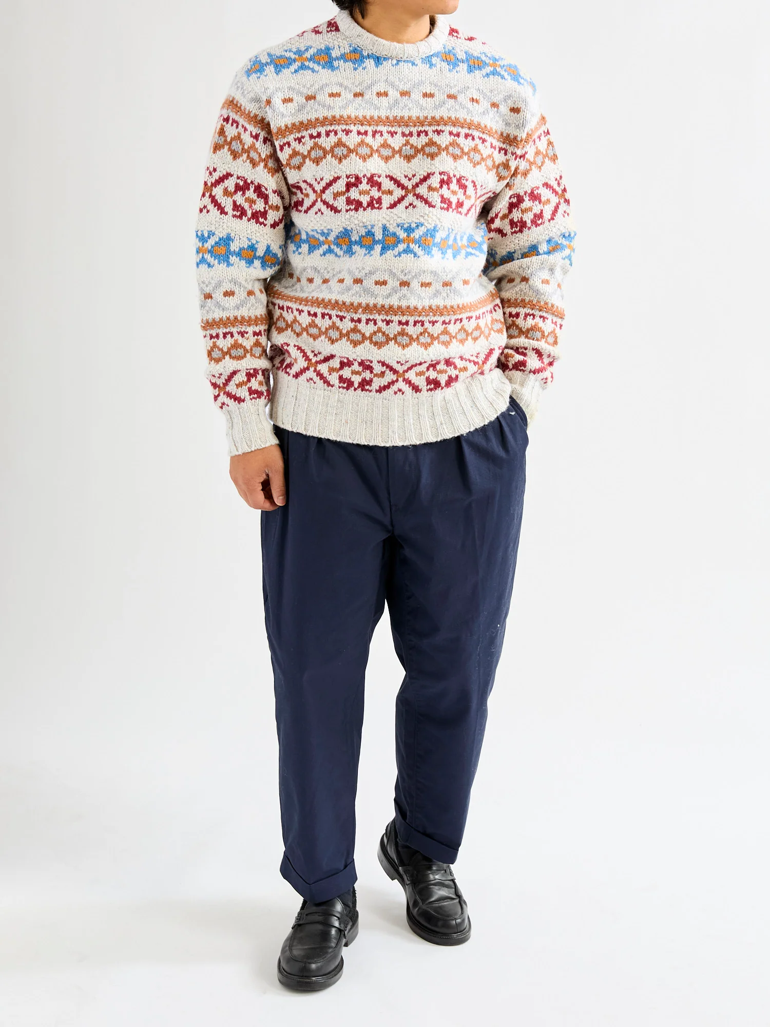 Fair Isle 3-Gauge Crewneck Sweater in Off White - Image 8