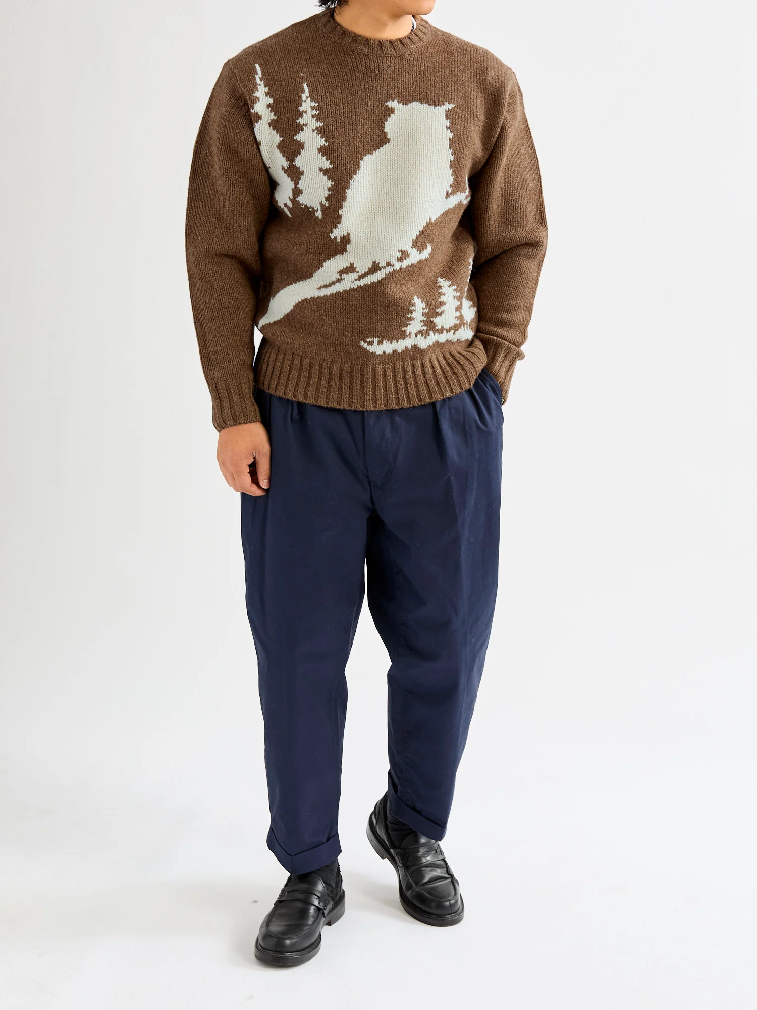 Intarsia 3-Gauge Crewneck Sweater in Brown - Image 9