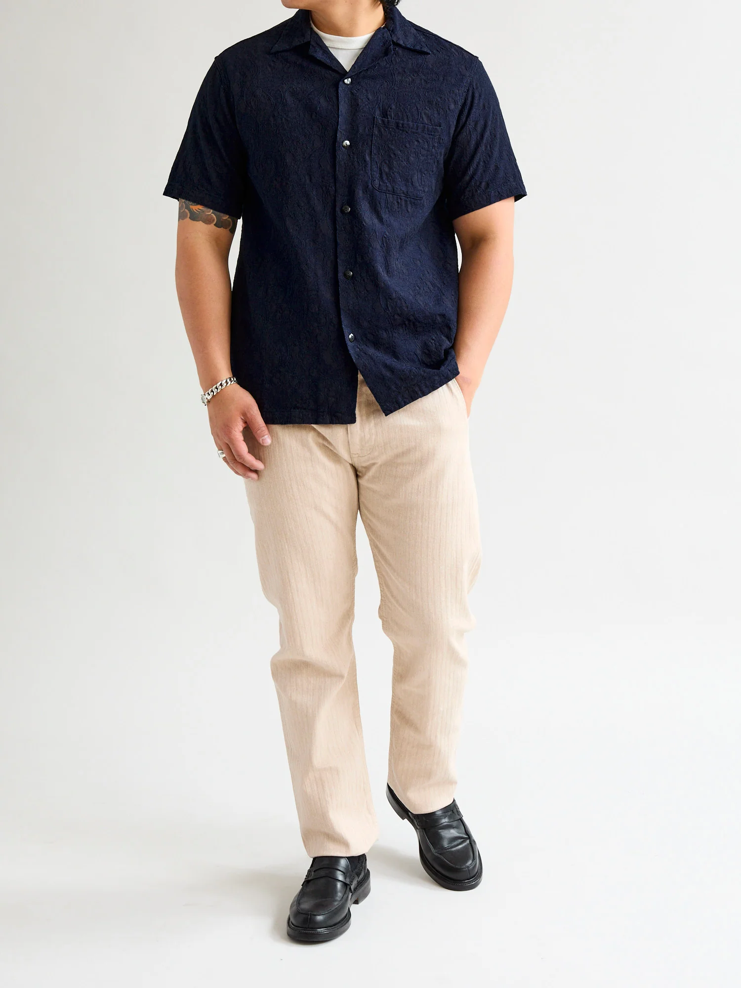 Jacquard Open Collar Shirt in Indigo Paisley - Image 12