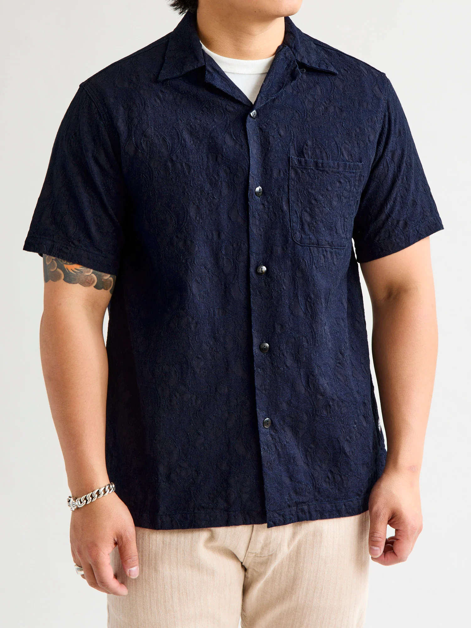 Jacquard Open Collar Shirt in Indigo Paisley - Image 2