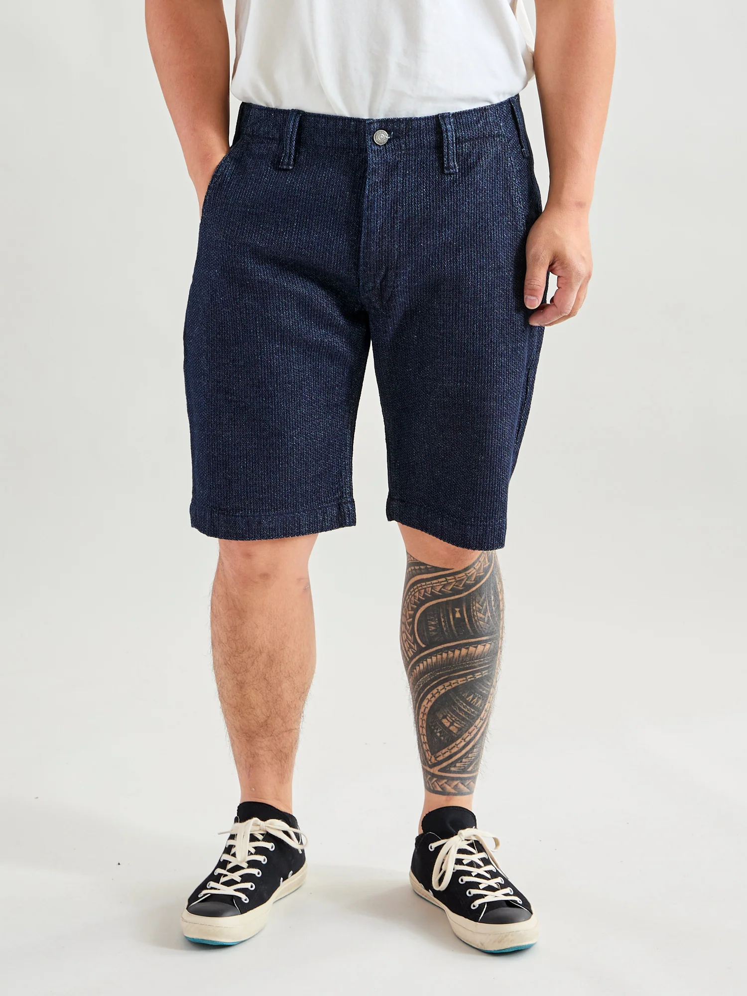 Jacquard Stitch Sashiko Shorts in Indigo - Image 2