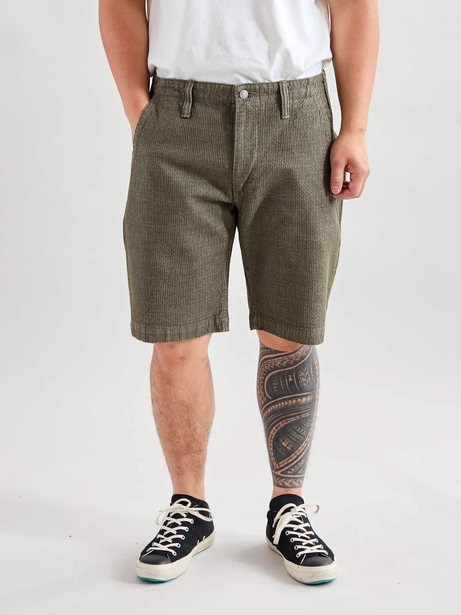 Jacquard Stitch Sashiko Shorts in Olive - Image 2