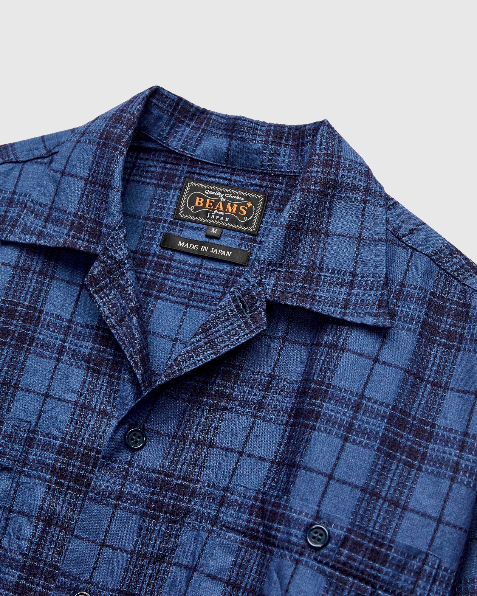 MIL Dobby Plaid Open Collar Shirt in Indigo - Image 4
