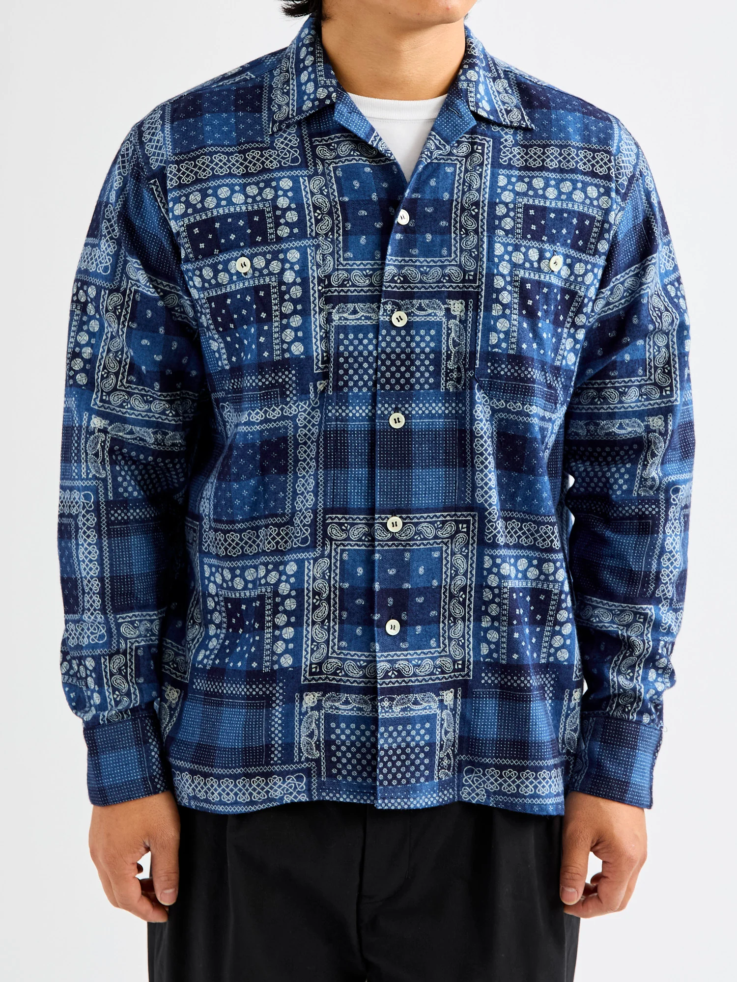 MIL Open Collar Discharge Print Shirt in Indigo - Image 2