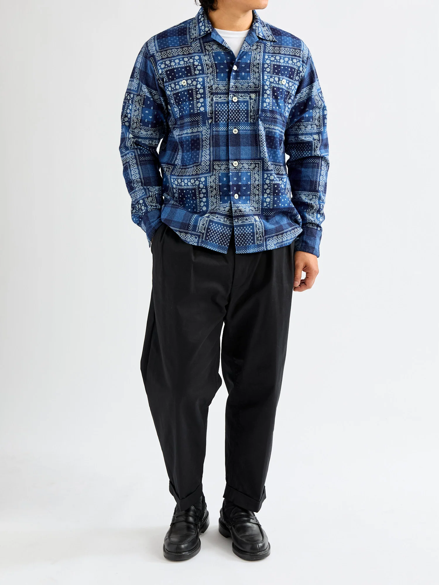 MIL Open Collar Discharge Print Shirt in Indigo - Image 8