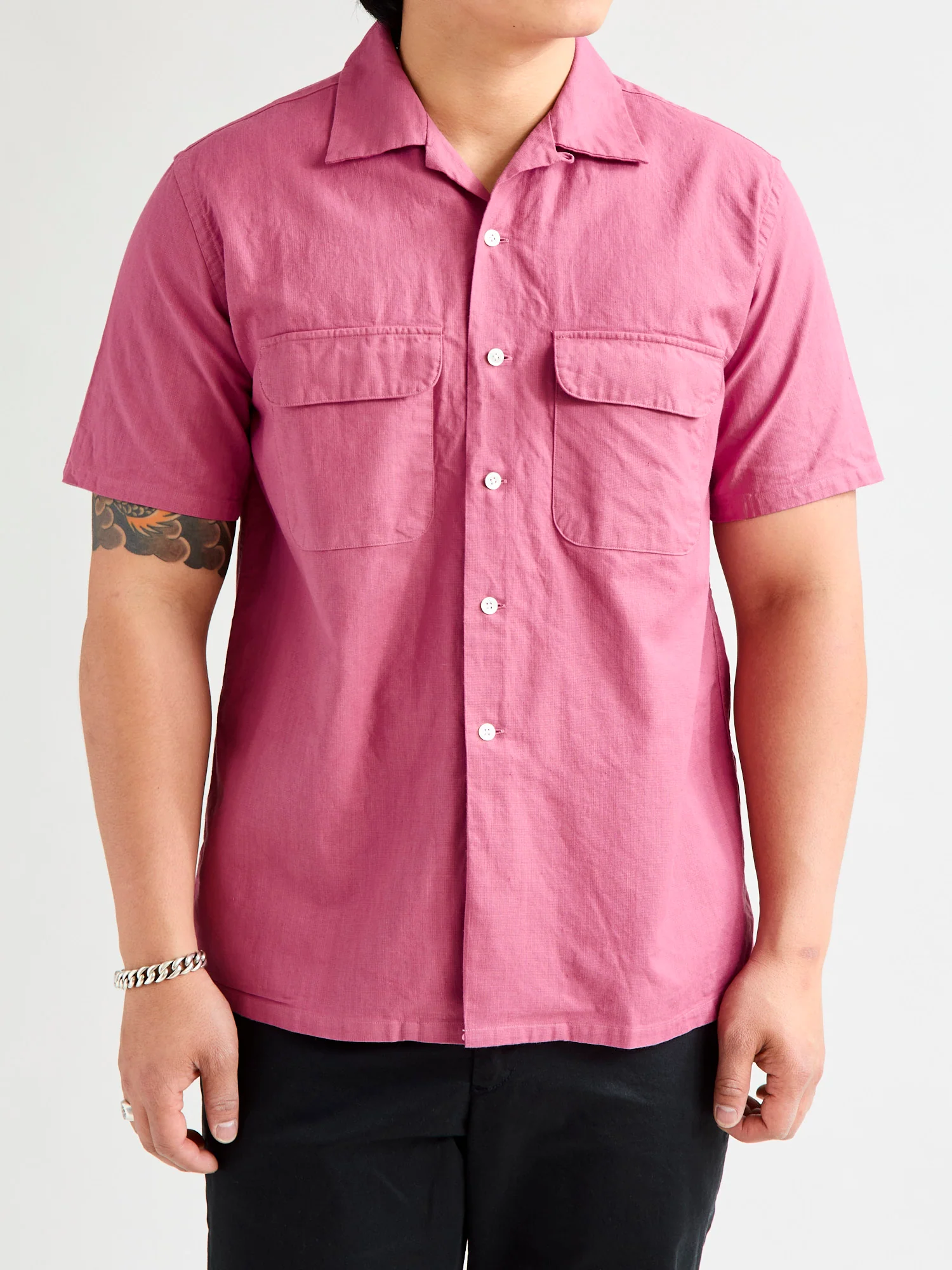 Panama Cloth Open Collar Shirt in Dusty Pink - Image 2