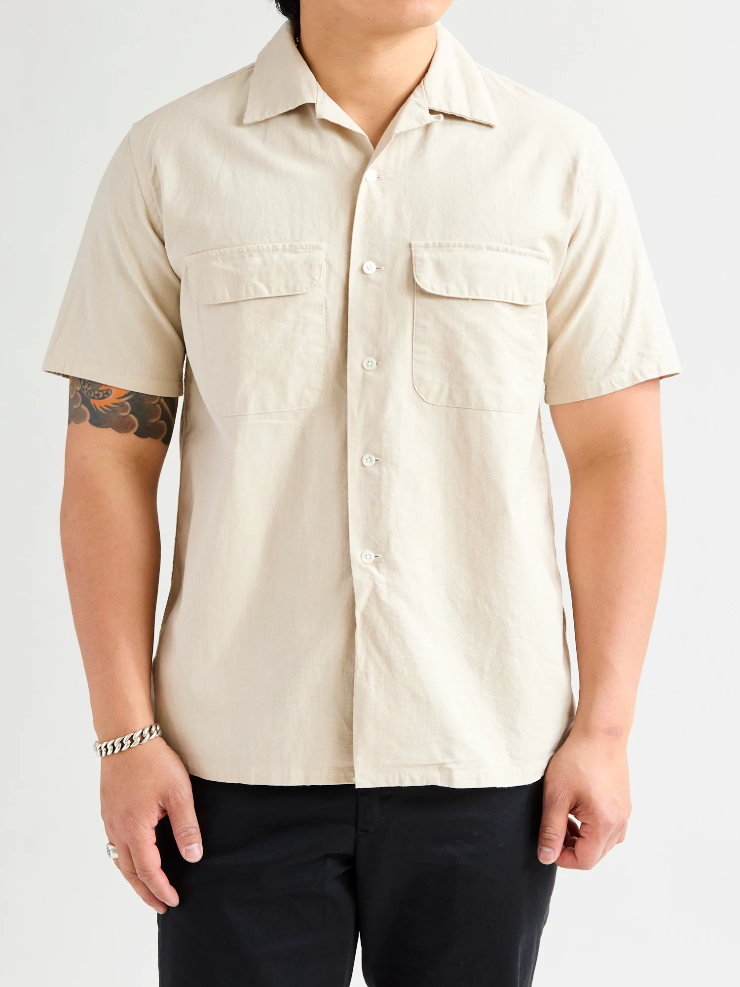 Panama Cloth Open Collar Shirt in Sand - Image 2