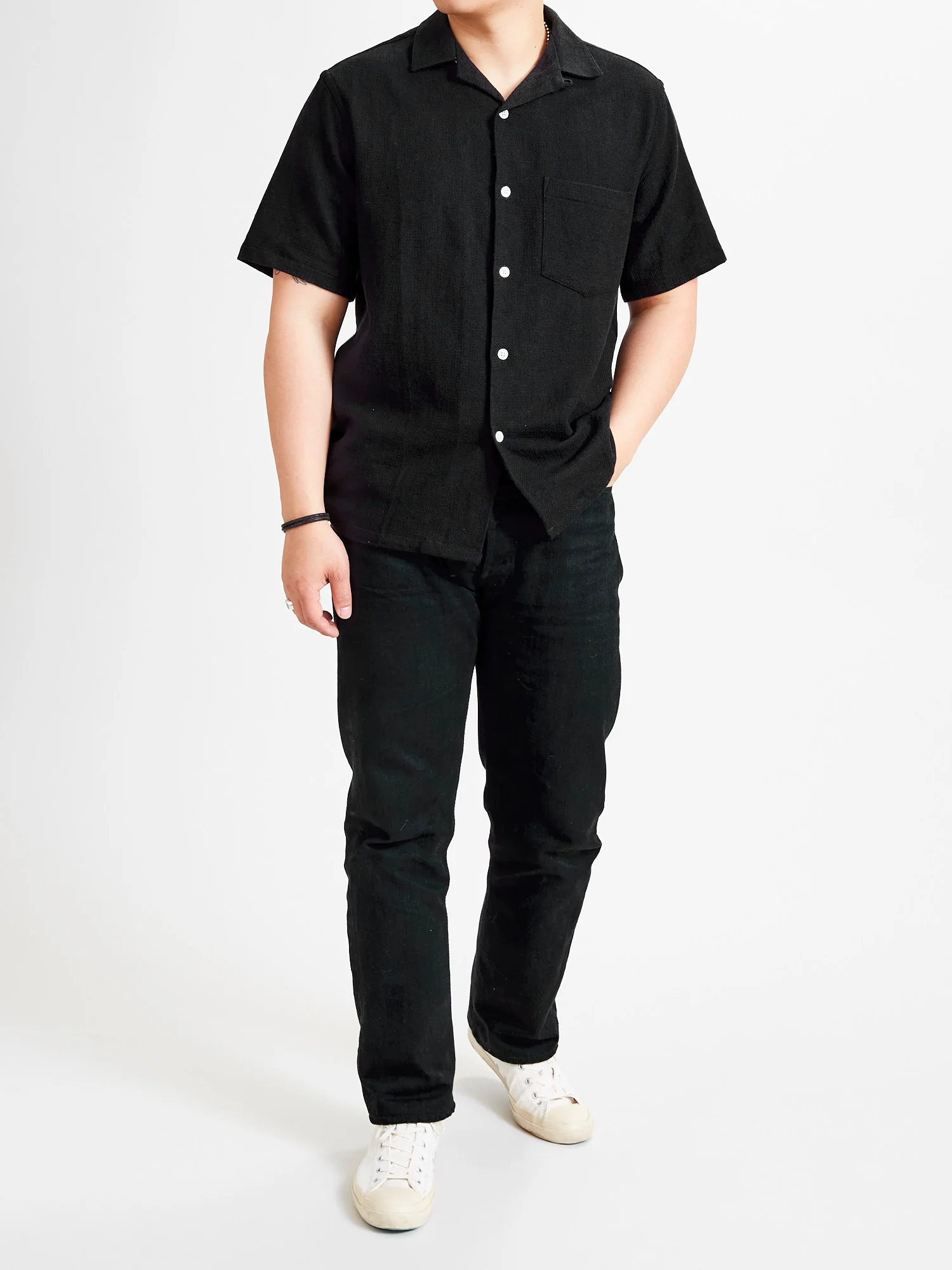 Pique Button-Up Shirt in Black - Image 11