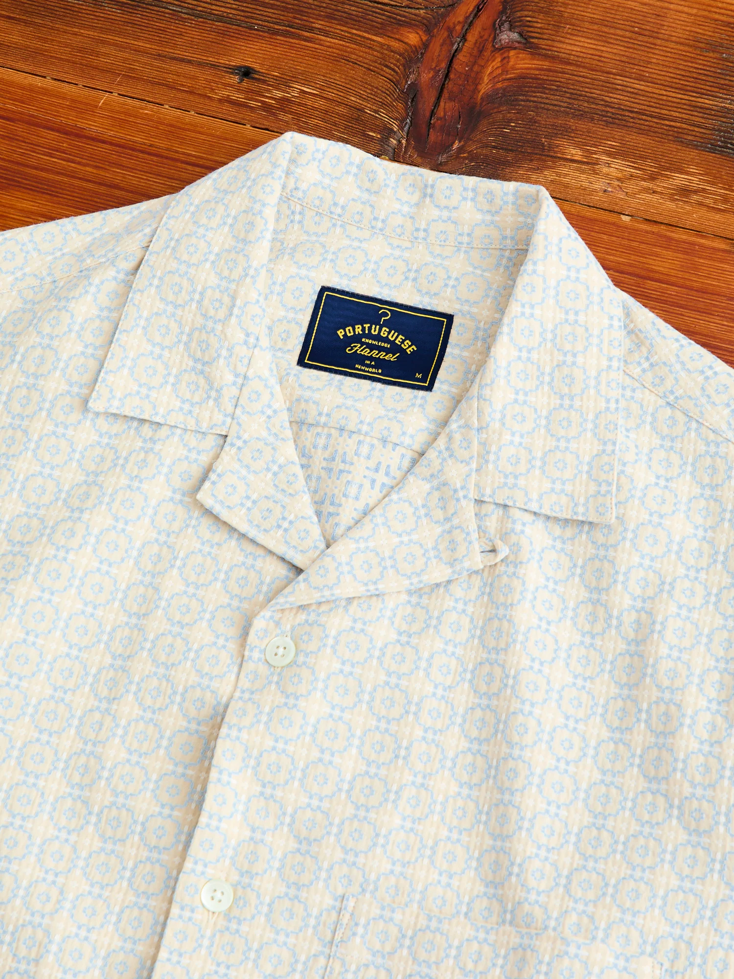 Portuguese Tile Button-Up Shirt in Blue Beige - Image 3