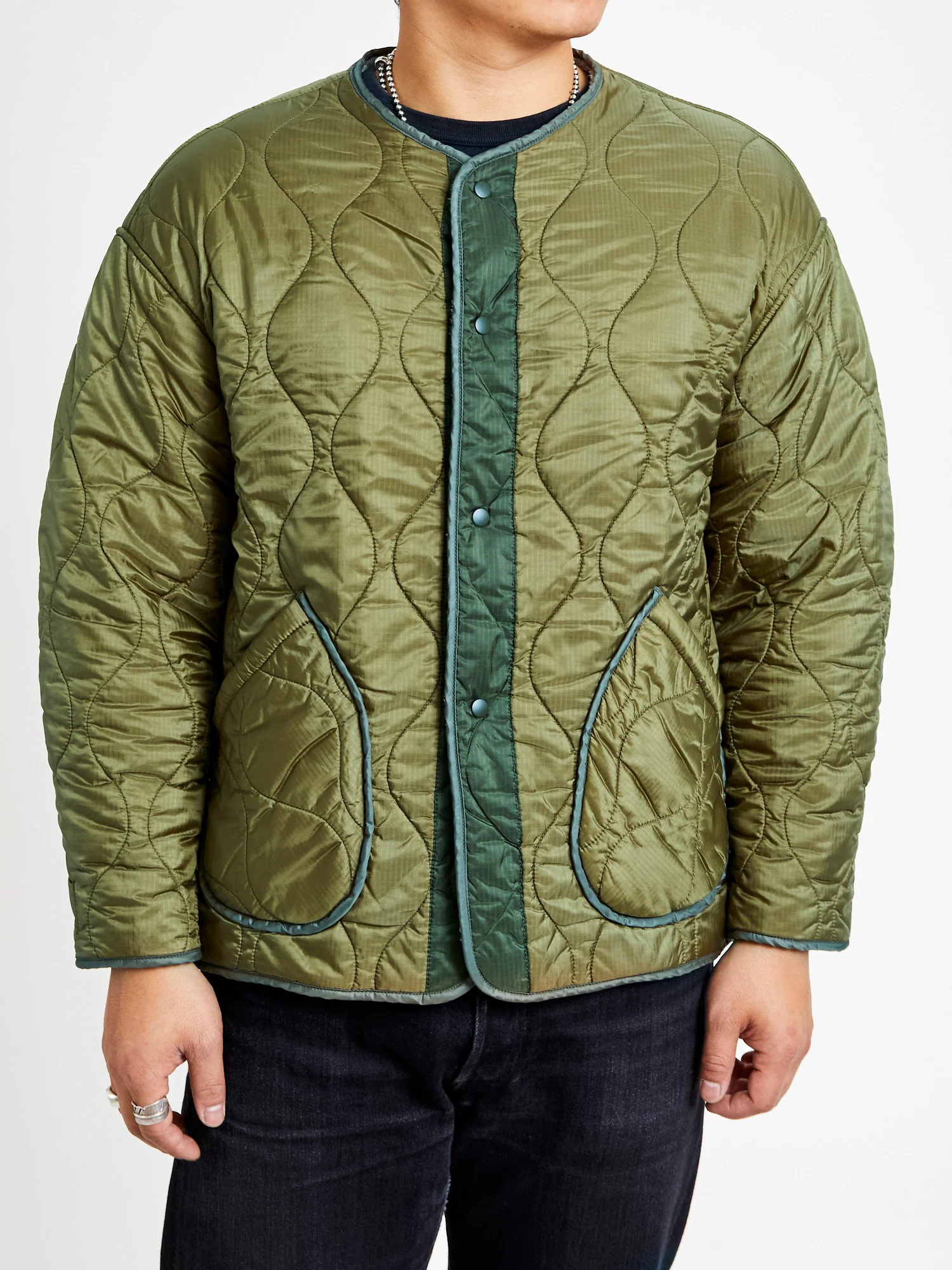 Quilted Boa Liner Jacket in Khaki - Image 2