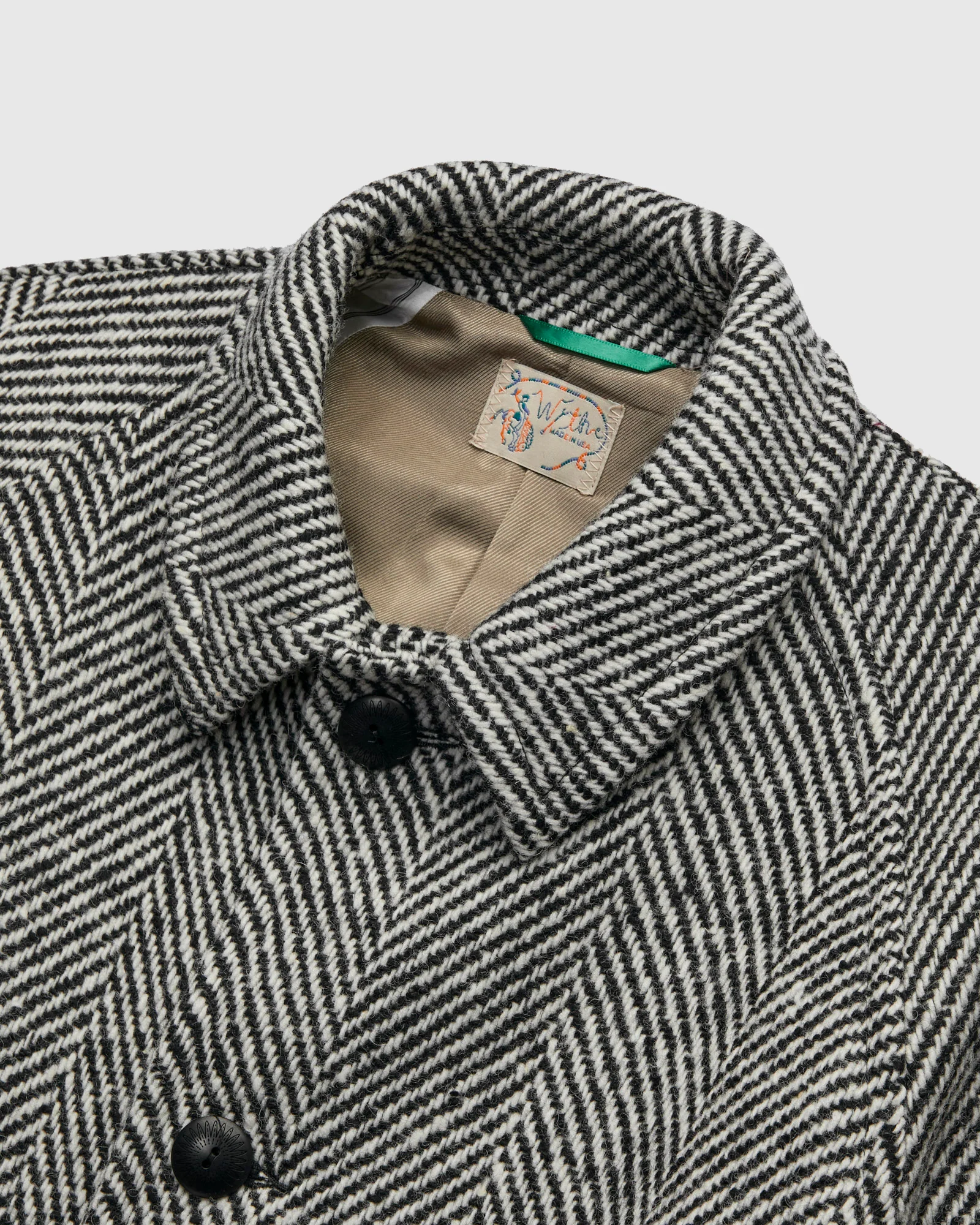 Raglan Wool Overcoat in Black/Cream Herringbone Tweed - Image 4