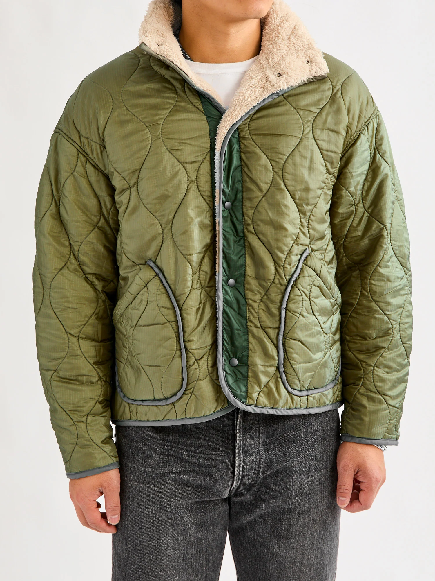 Reversible Nylon Ripstop Boa Liner Jacket in Khaki - Image 2