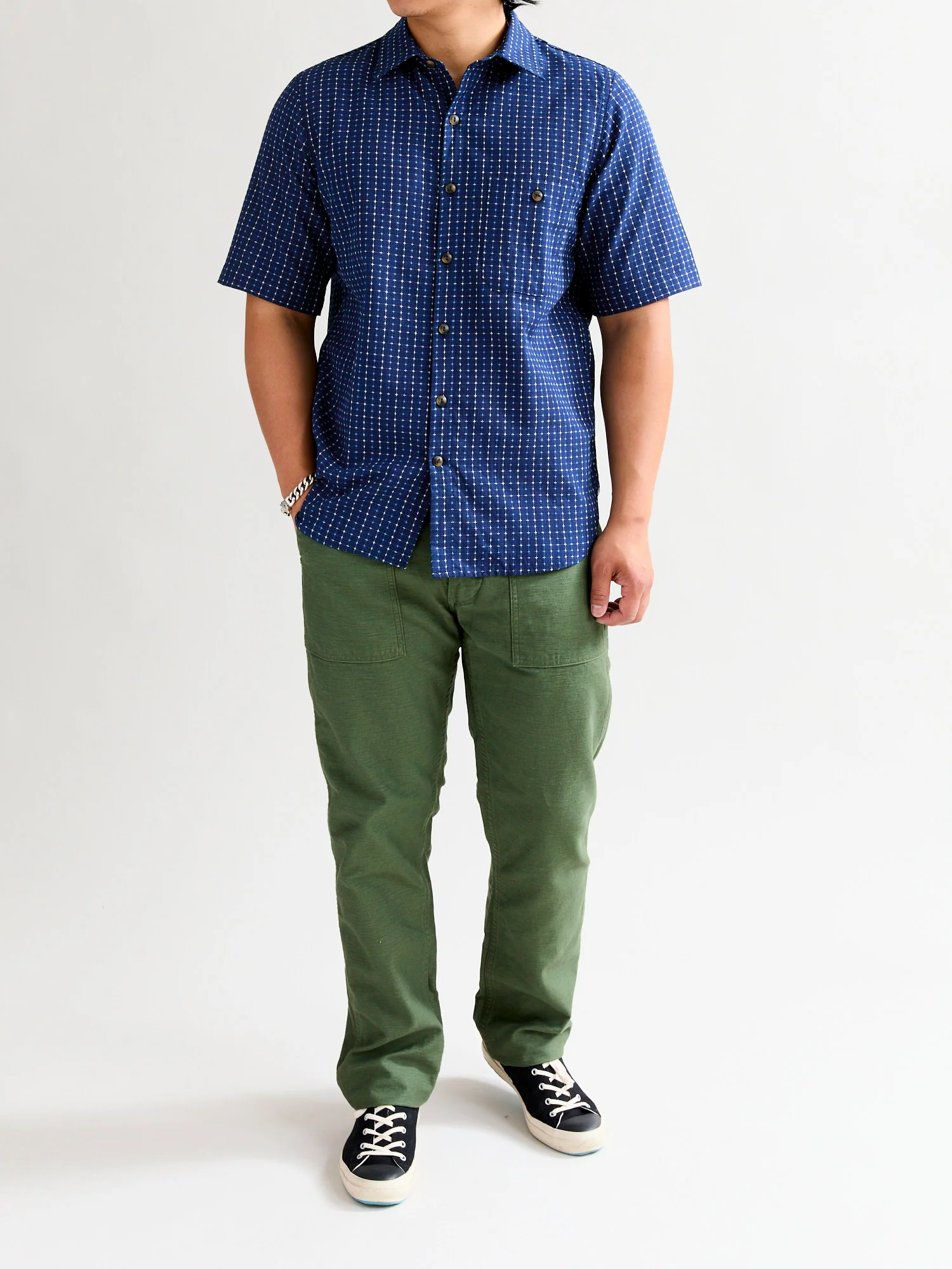 "Sashiko Grid" Oxford Shirt in Indigo - Image 10