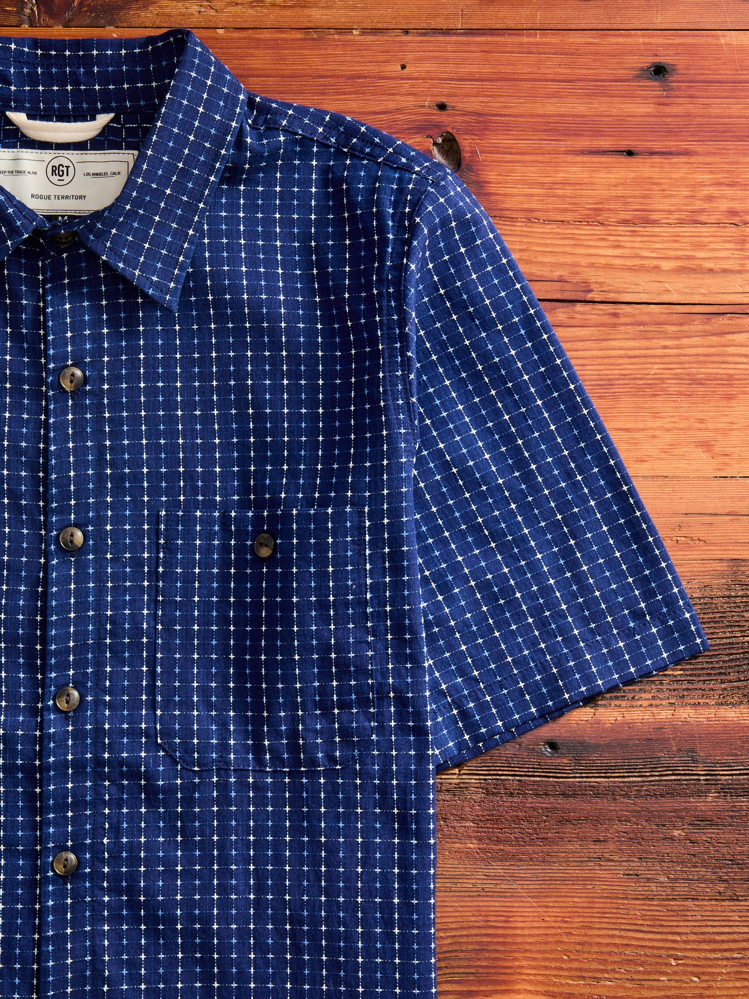 "Sashiko Grid" Oxford Shirt in Indigo - Image 4