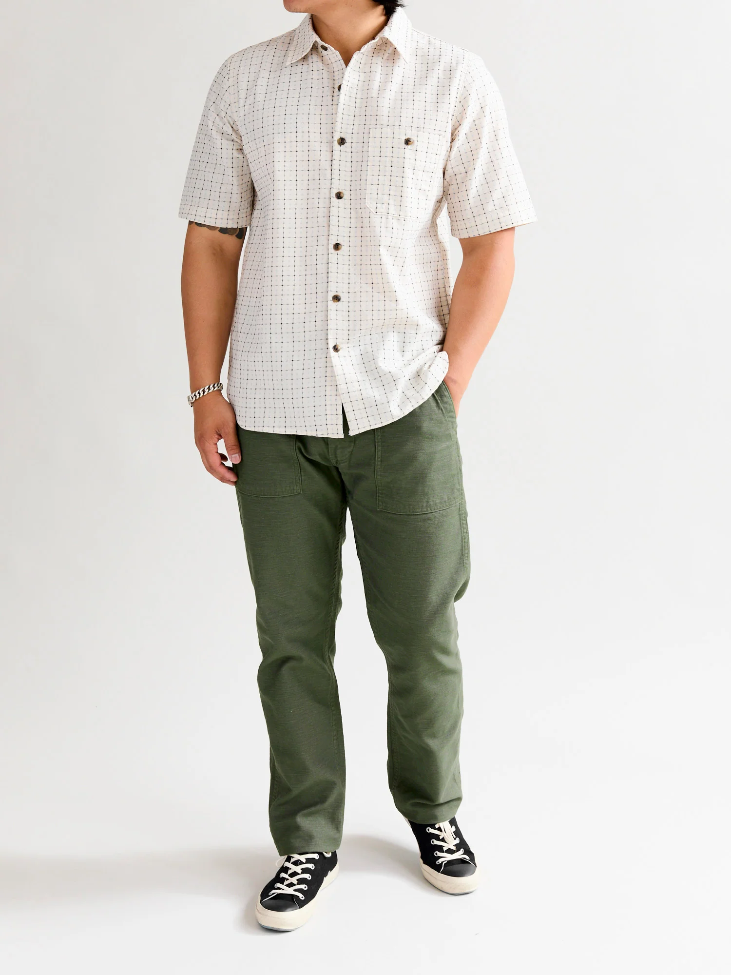 "Sashiko Grid" Oxford Shirt in Natural - Image 10