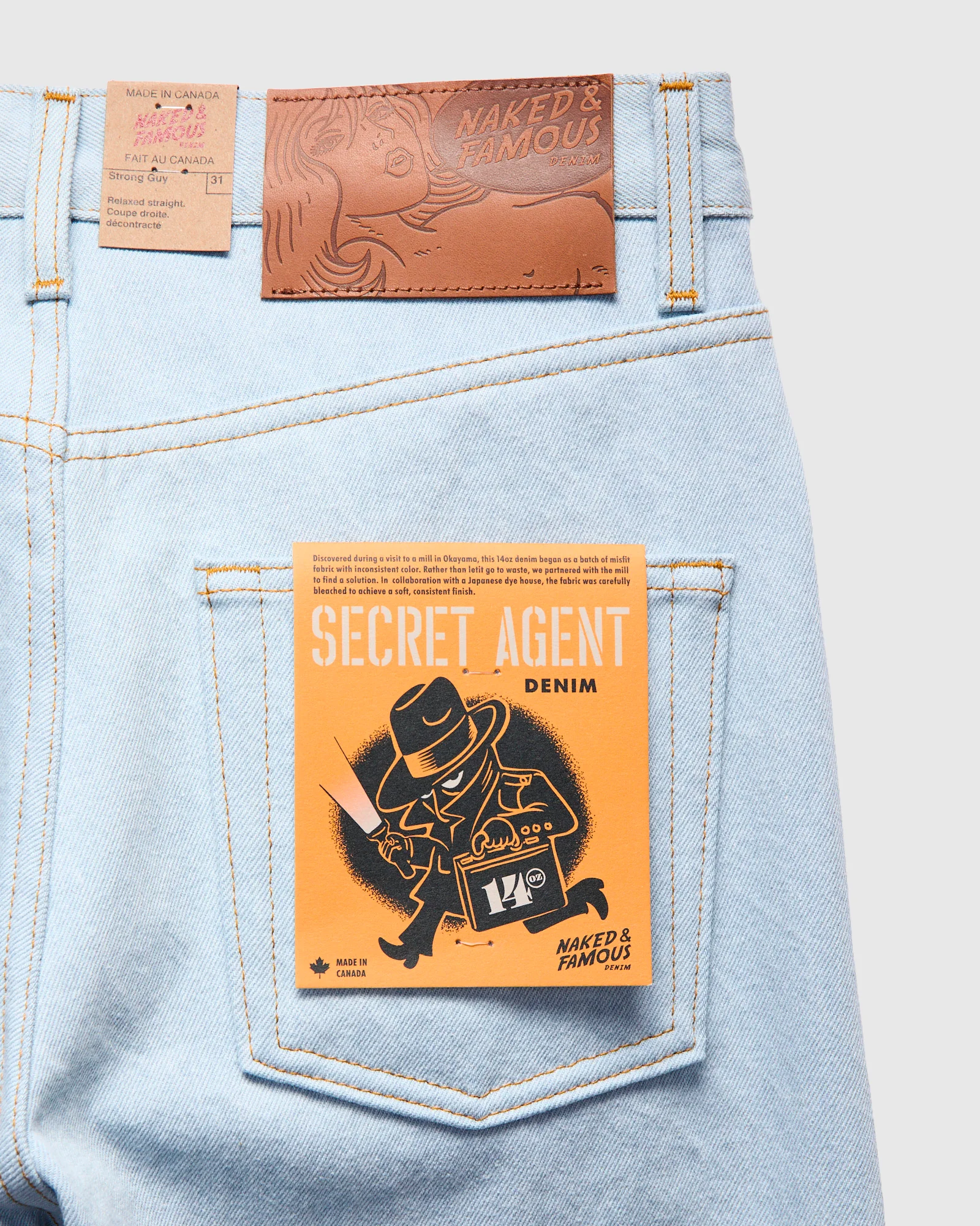 "Secret Agent" 14oz Bleach Blue Denim - Strong Guy Fit - Image 3
