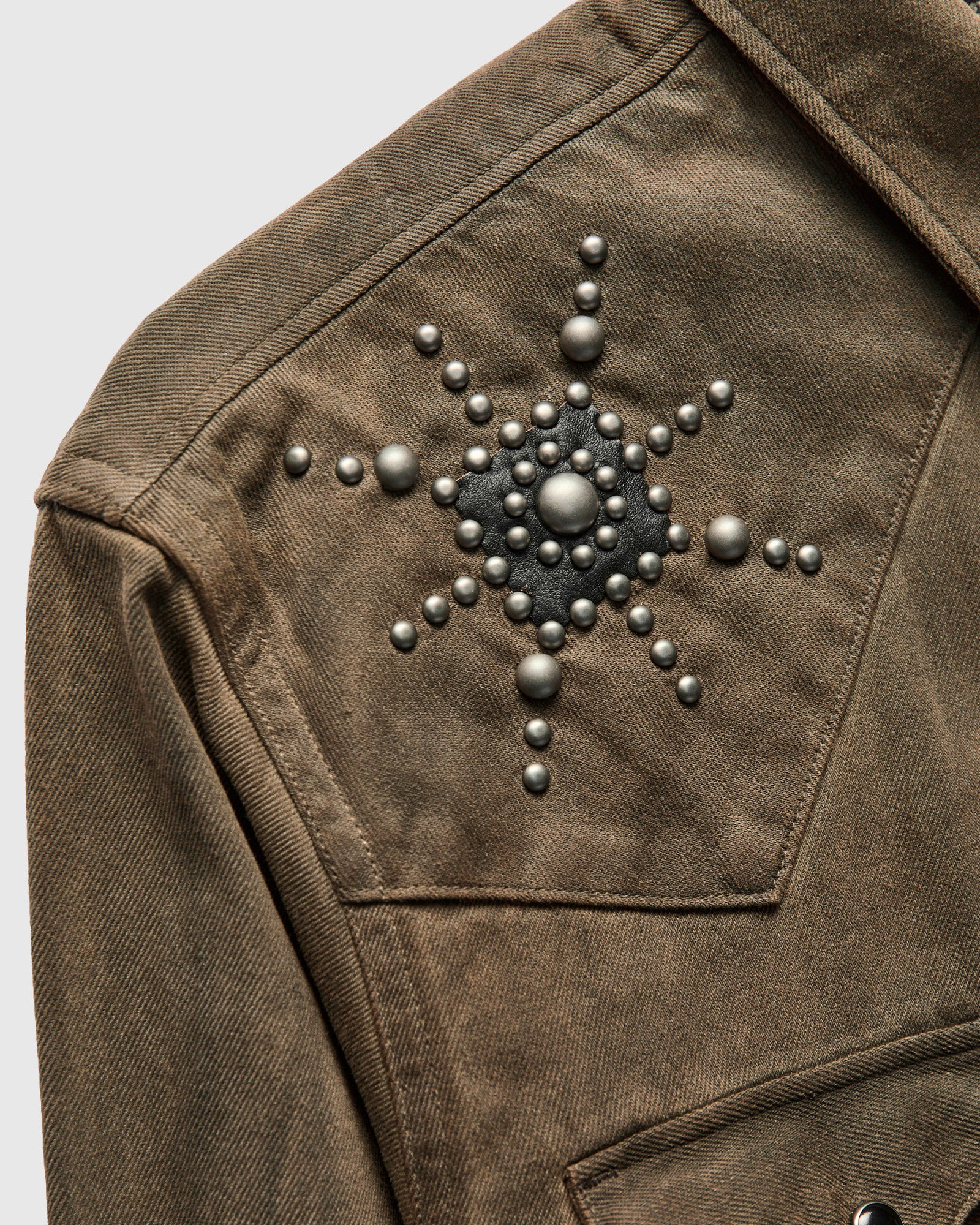 Studded Western Workshirt in Distressed Brown Wash - Image 5