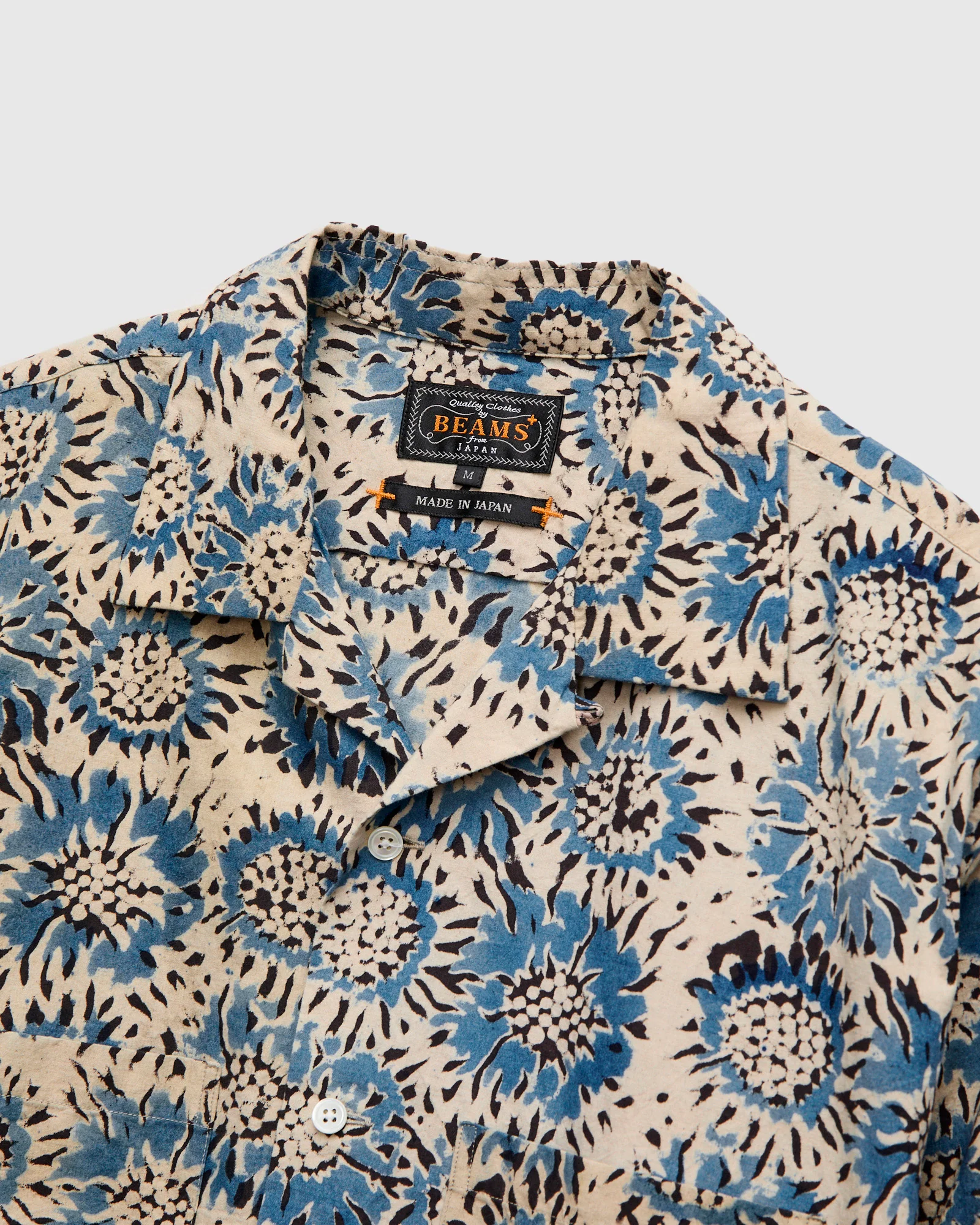 Sun Flower Block Print Open Collar Shirt in Blue - Image 3