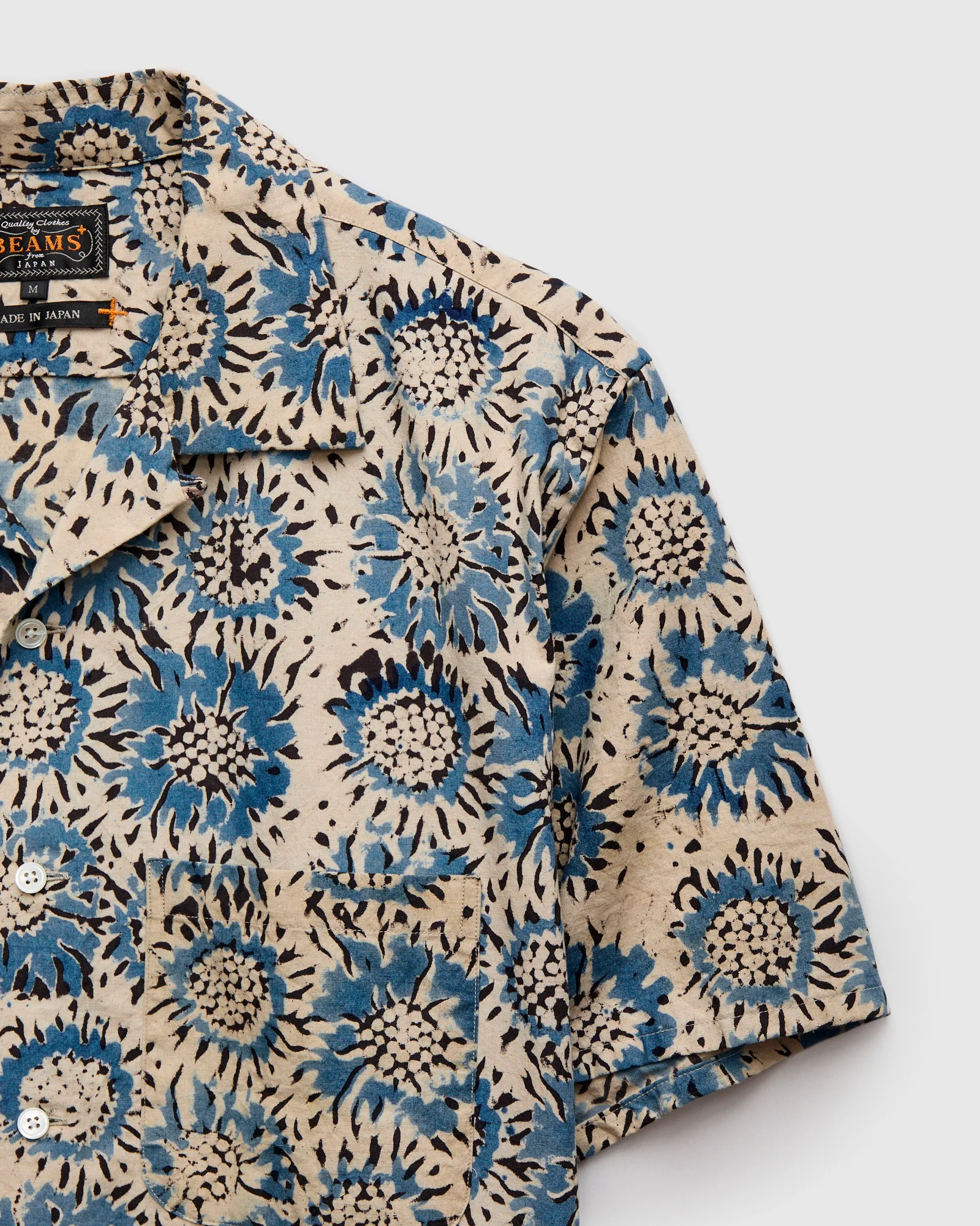Sun Flower Block Print Open Collar Shirt in Blue - Image 4