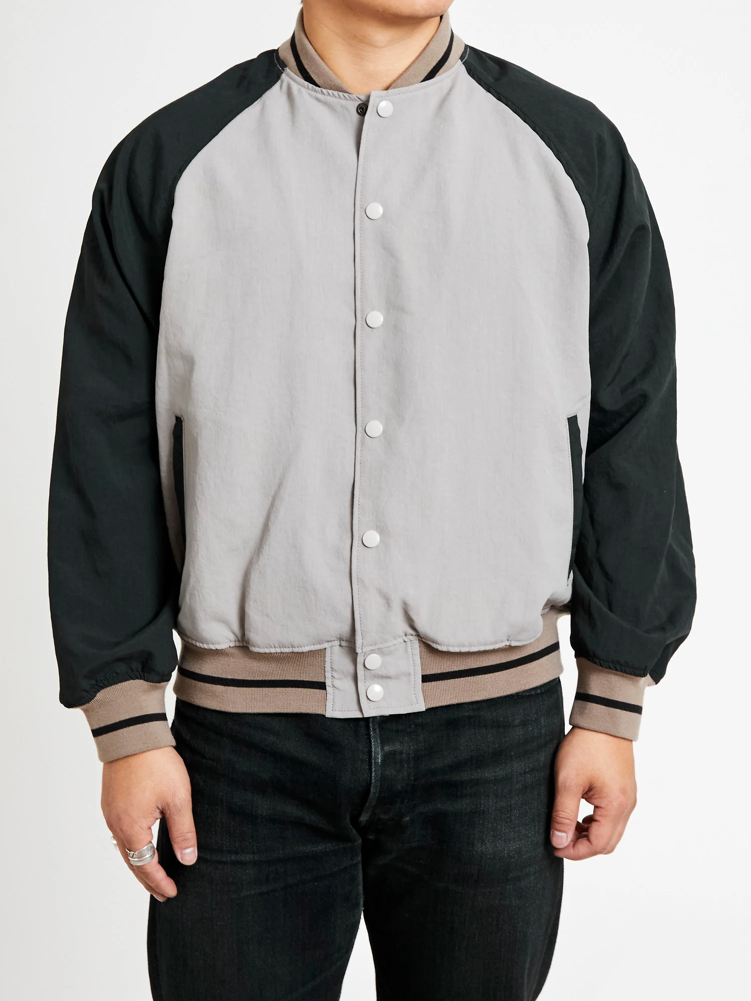 Two-Tone Baseball Jacket in Greige - Image 2