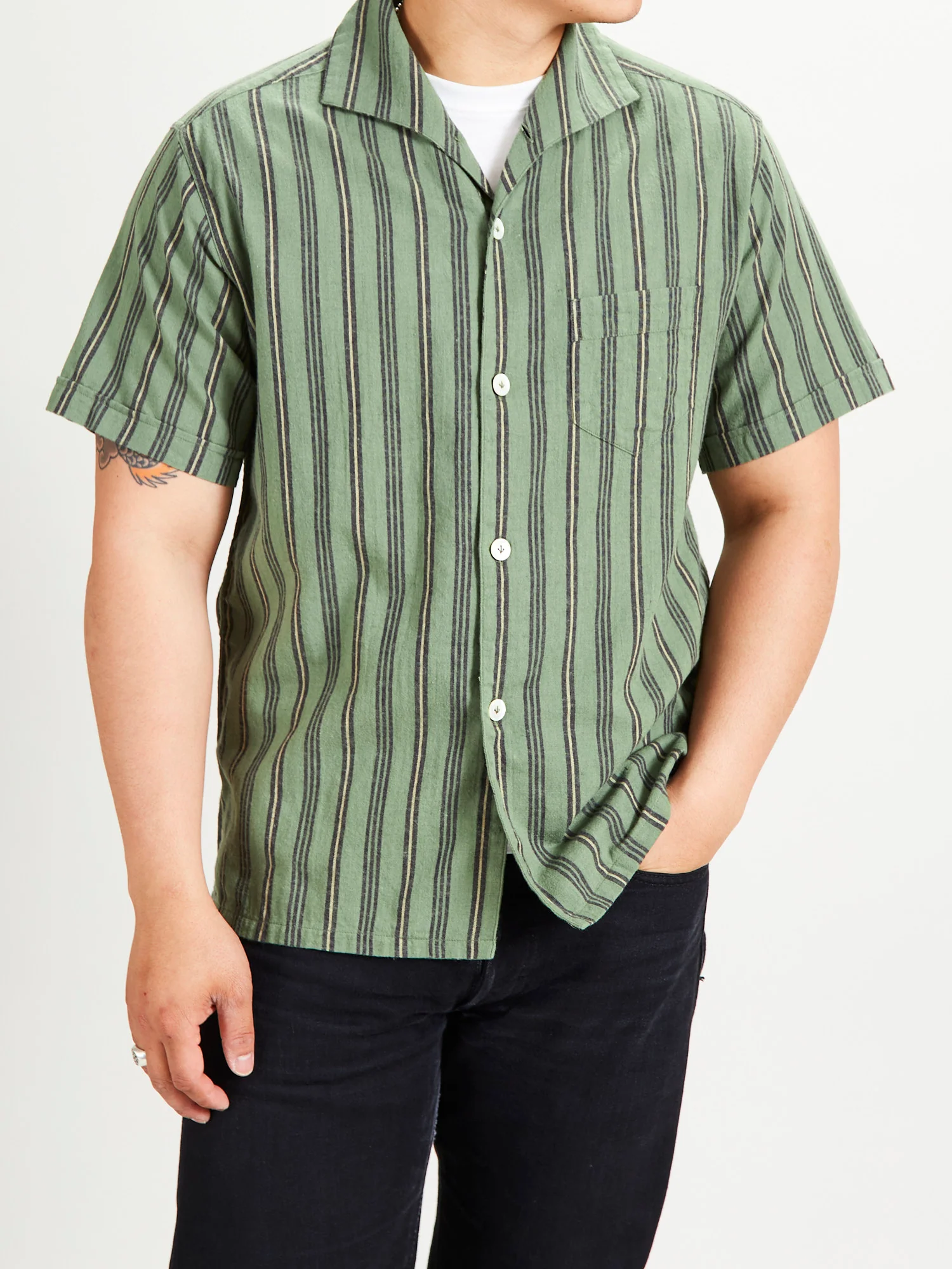 Linen Short Sleeve Shirt in Striped Olive - Image 2